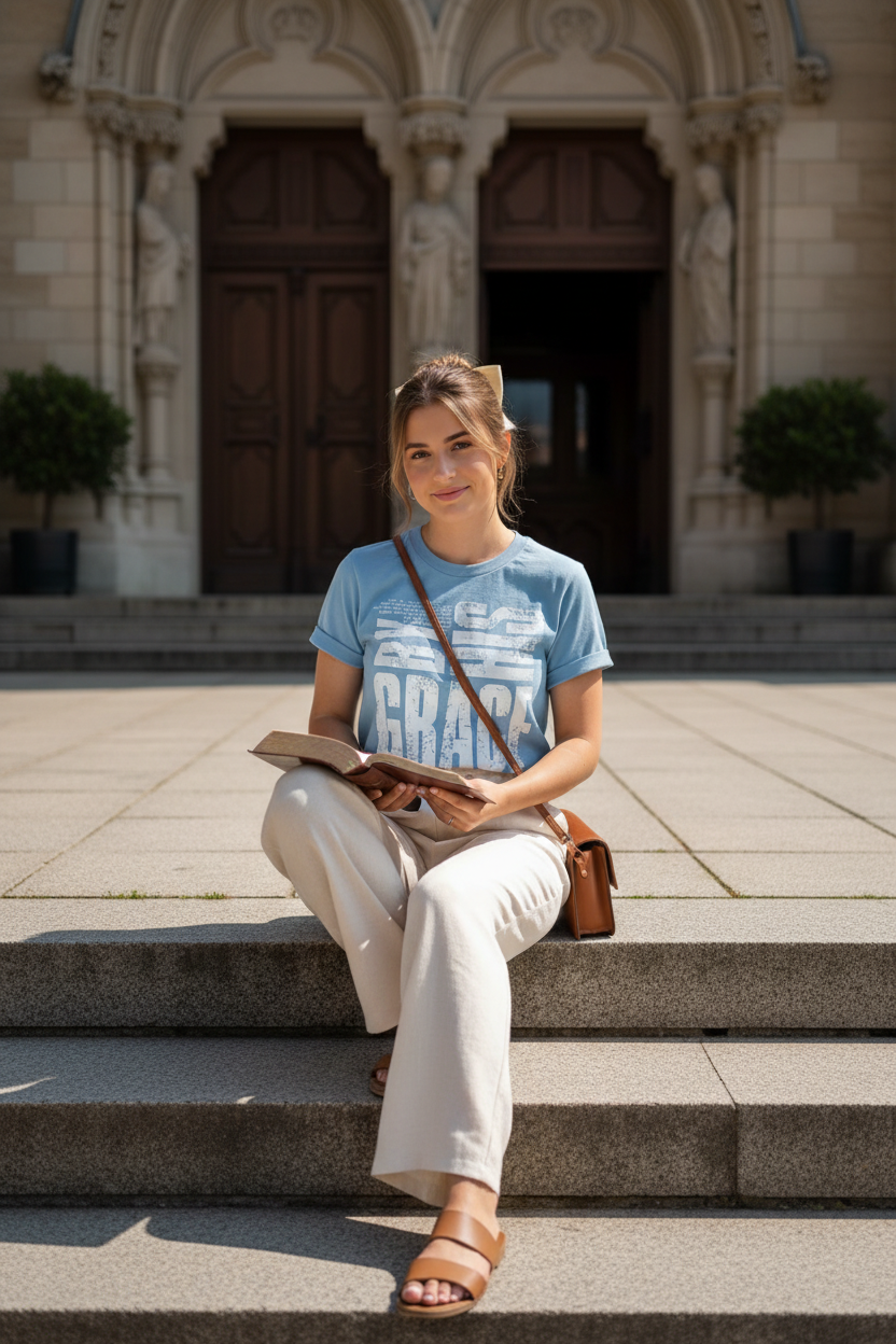 Woman - Church Steps, Linen Trousers + Bible