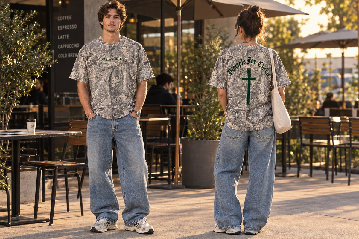 Front and back shirt mockup at an outdoor coffee shop