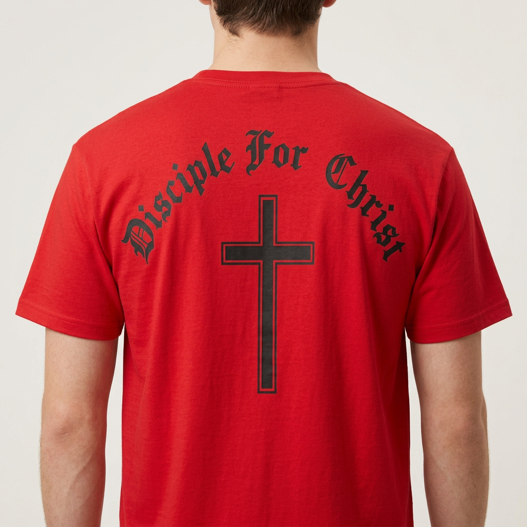 Close-up of Disciple For Christ back design and cross
