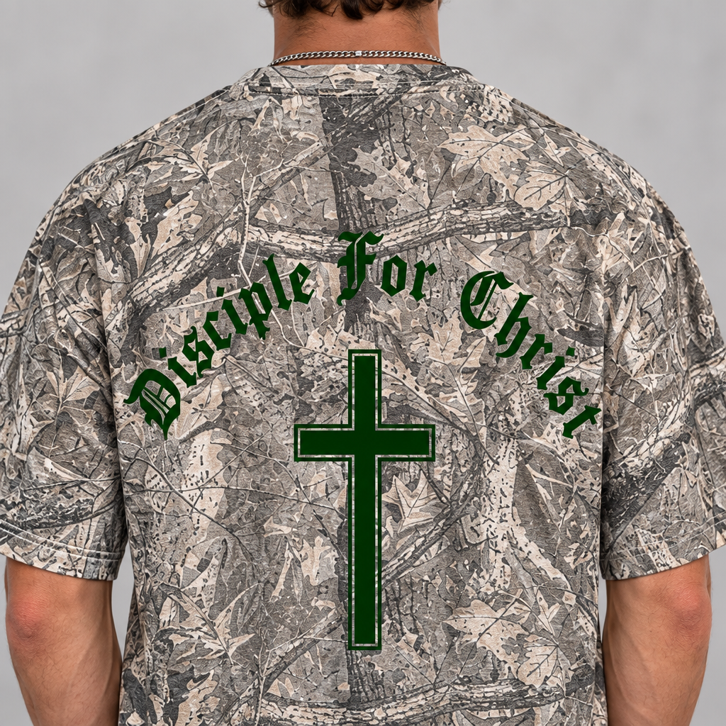 Close-up of the back design on the Disciple For Christ shirt