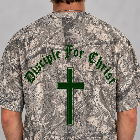 Close-up of the back design on the Disciple For Christ shirt