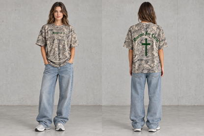 Front and back camouflage shirt mockup in a studio setting