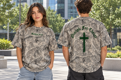 Front and back camouflage shirt mockup in an outdoor streetwear setting