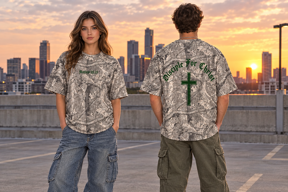 Front and back shirt mockup on a rooftop at sunset