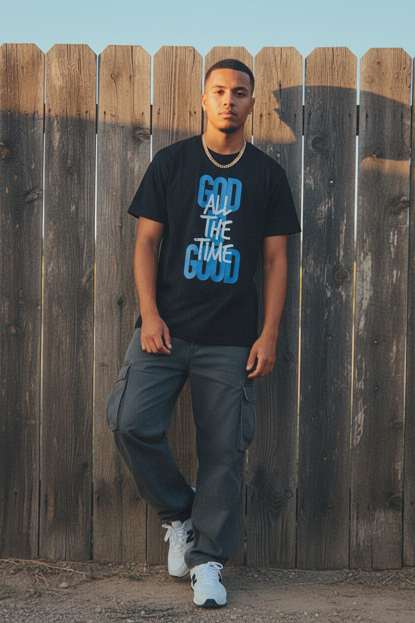 Man - Black Tee, Rustic Fence + Cargo Pants