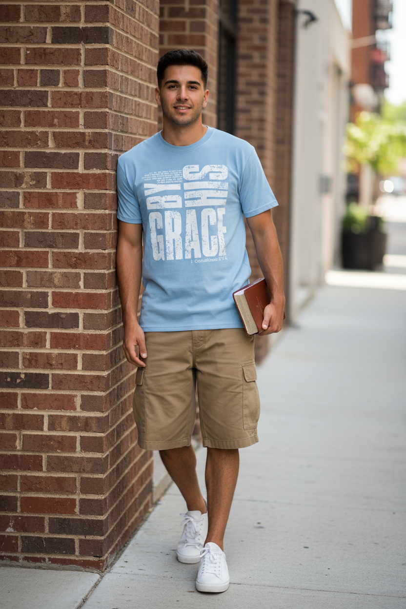 Man - Brick Wall, Cargo Shorts + Bible