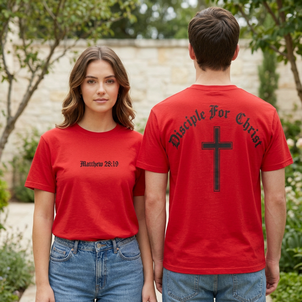 Outdoor courtyard mockup with a young adult woman and man showing the front and back designs