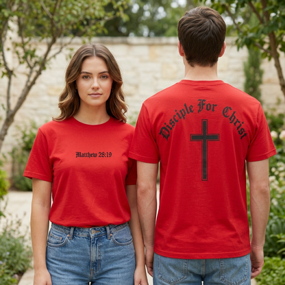Outdoor courtyard mockup with a young adult woman and man showing the front and back designs