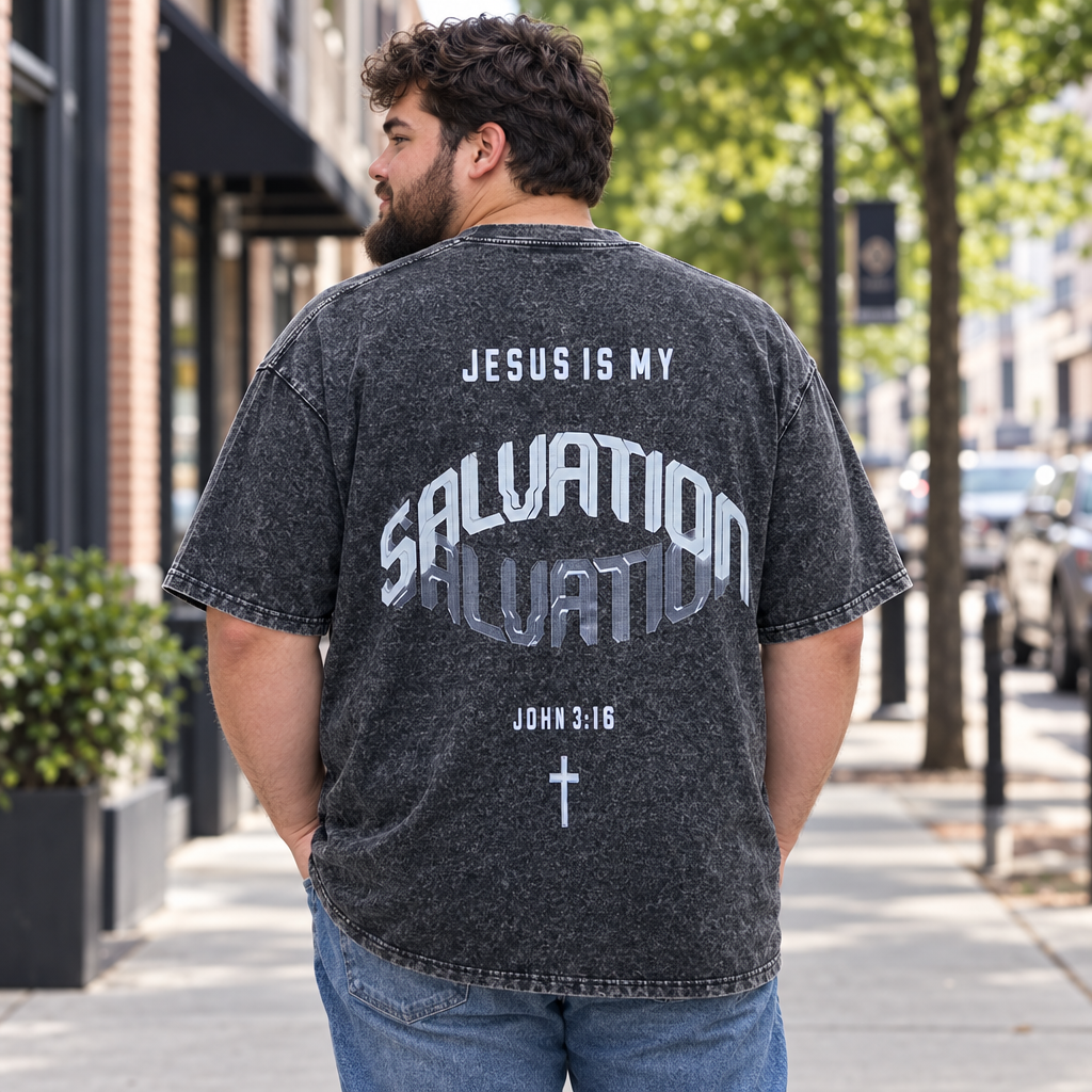 Plus-size young man wearing the charcoal-wash shirt with the back design visible