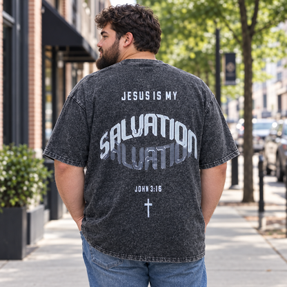 Plus-size young man wearing the charcoal-wash shirt with the back design visible