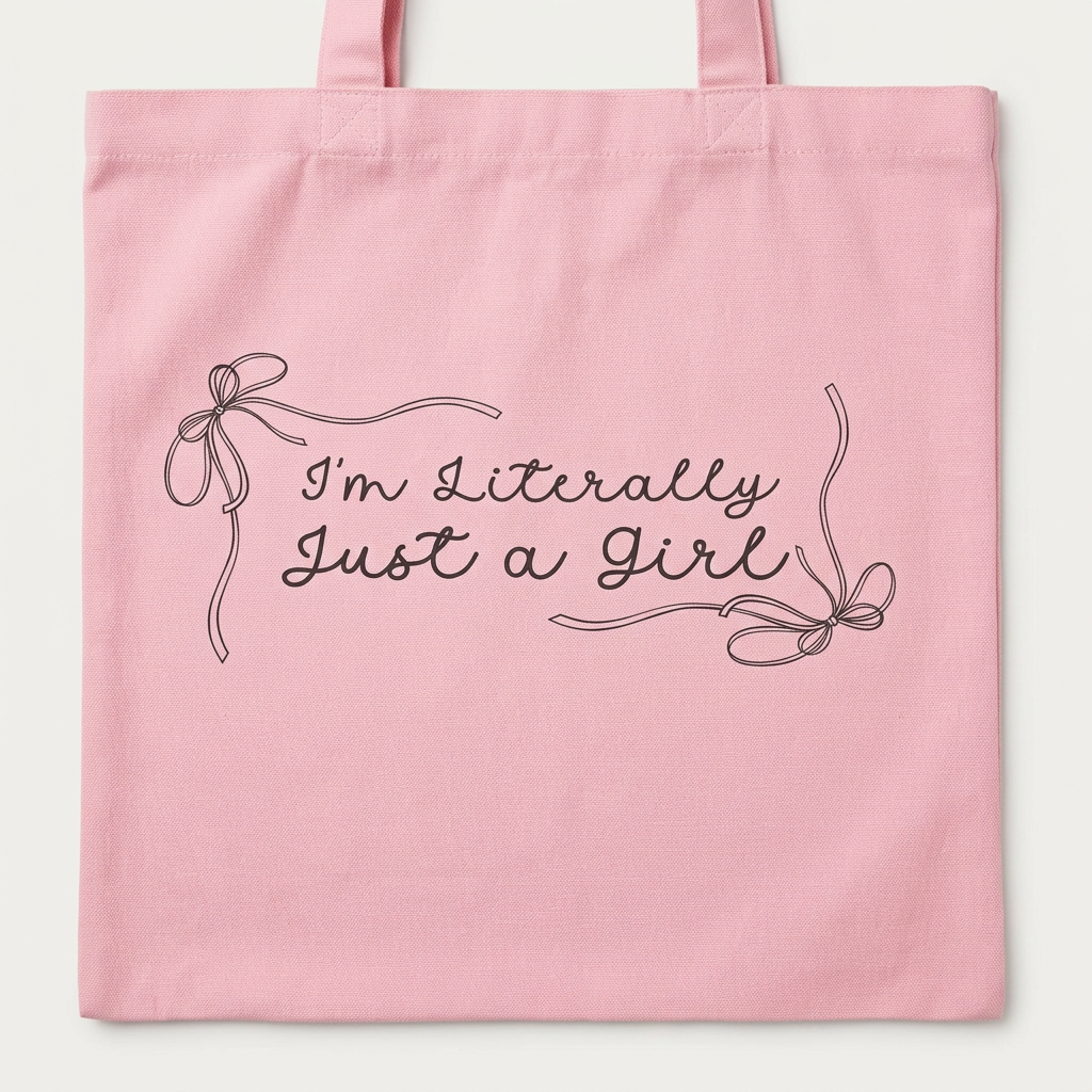 Professional close-up of the I'm Literally Just a Girl design on a smooth pink tote