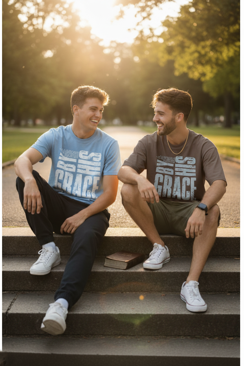 Two Men - Park Steps, Guy on Right in Brown By His Grace Tee