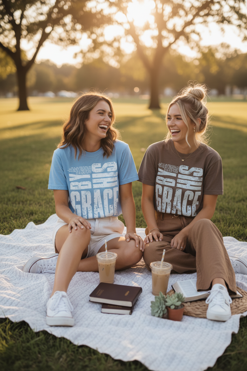 Two Women - Picnic, Girl on Right Styled in Brown Tee + Linen Trousers
