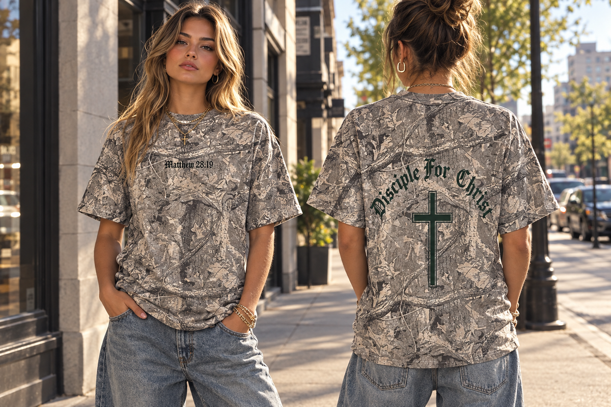 Two young women wearing front and back views of the camouflage shirt