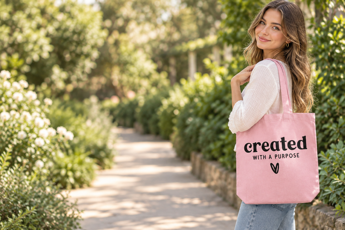 Woman carrying the pink tote in an outdoor garden scene