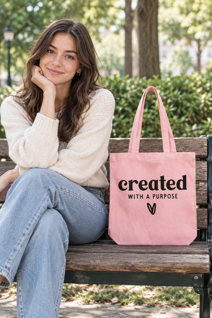 Woman seated beside the tote