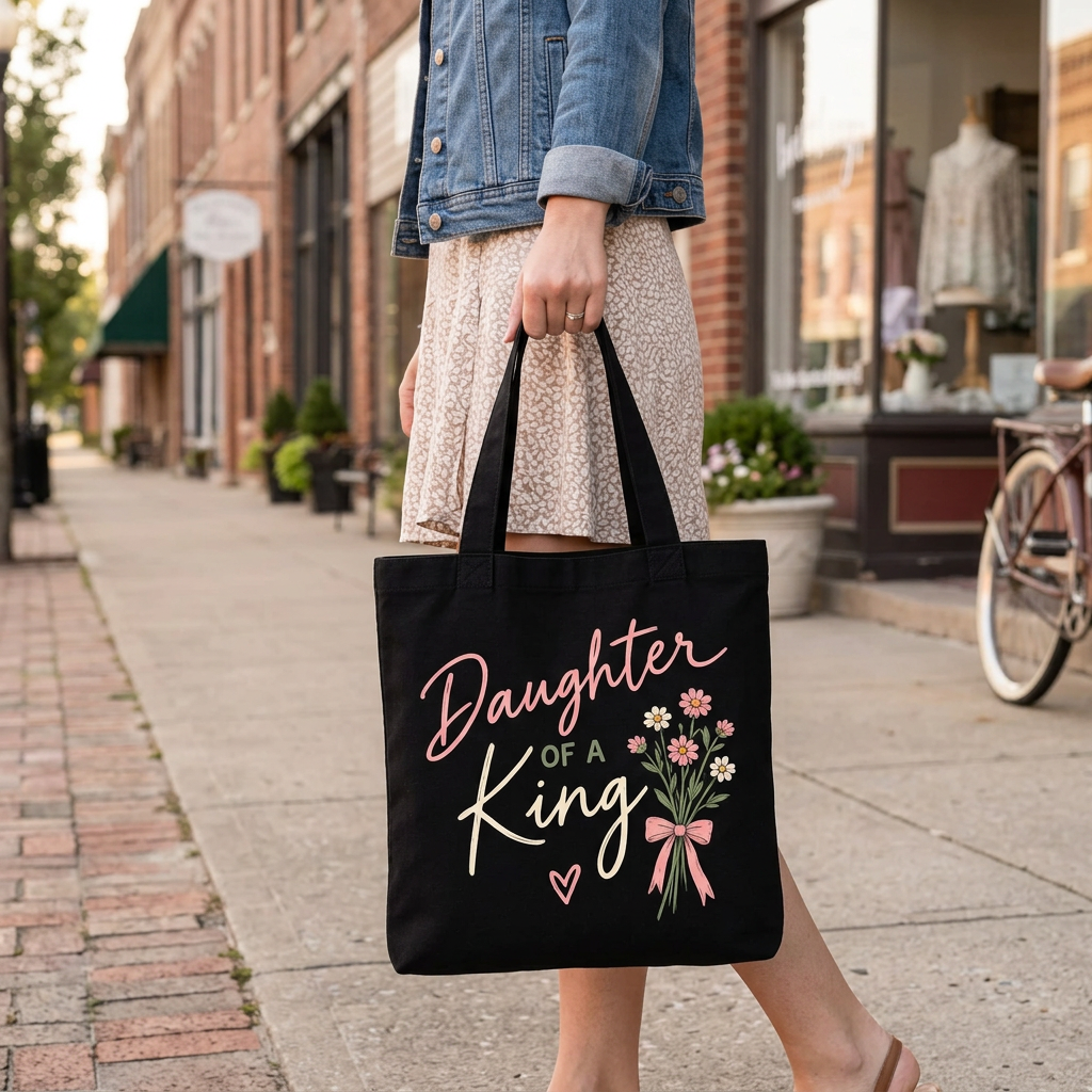 Woman strolling with the Daughter of a King tote