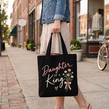 Woman strolling with the Daughter of a King tote