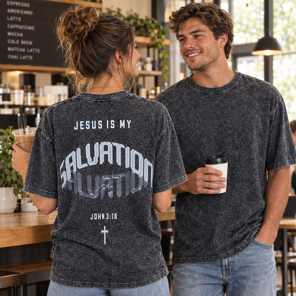 Young adults wearing the shirt at a coffee shop