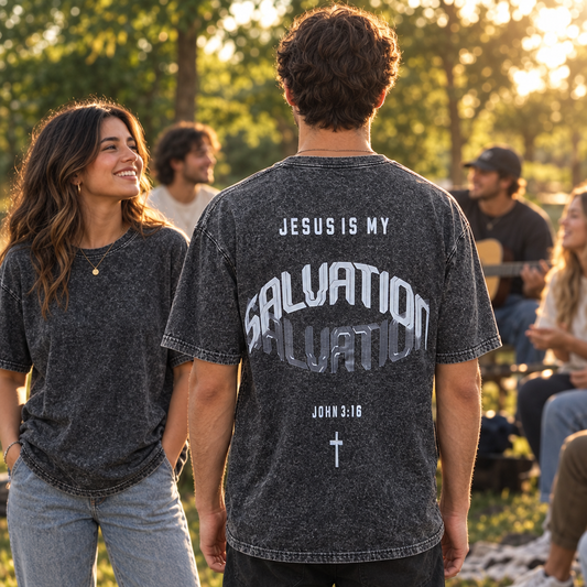 Young adults wearing the shirt at outdoor worship in a park