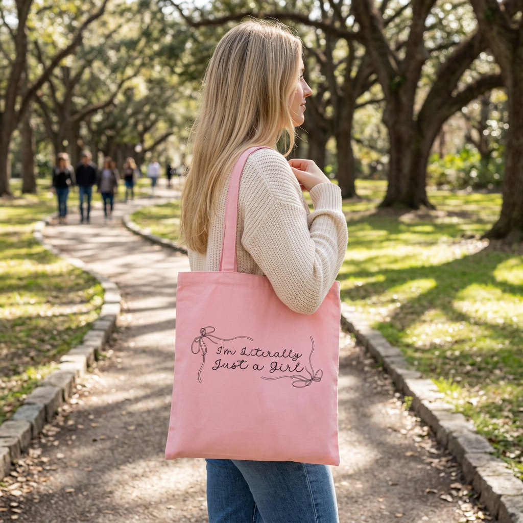 Young lady with blonde hair walking in a park with the pink tote