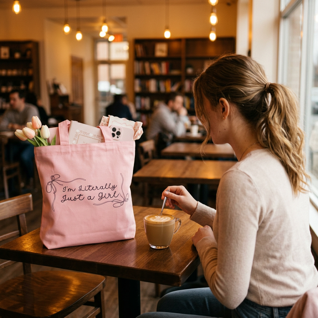 Young lady with the pink tote at a coffee shop