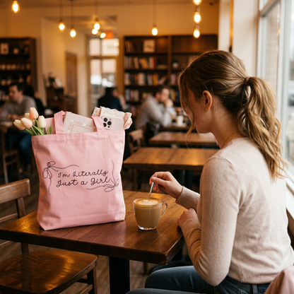 Young lady with the pink tote at a coffee shop