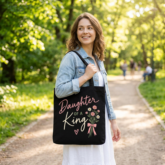 Young woman carrying the Daughter of a King tote in a park