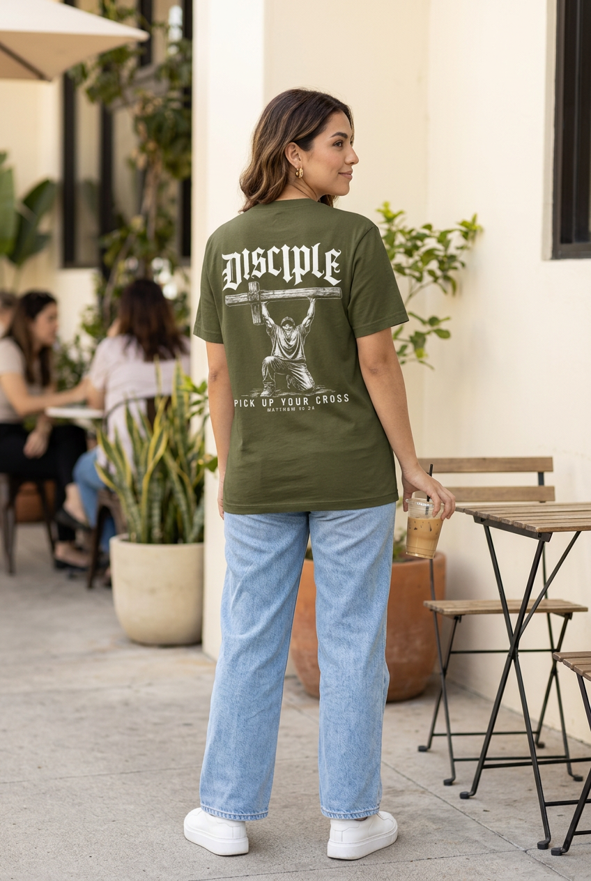 Young woman in wide-leg jeans wearing the olive shirt at a coffee shop