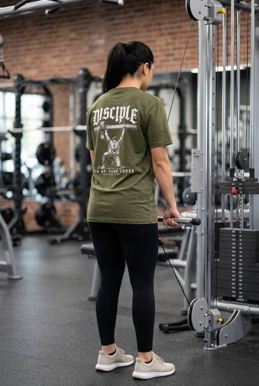 Young woman working out in the olive Disciple shirt