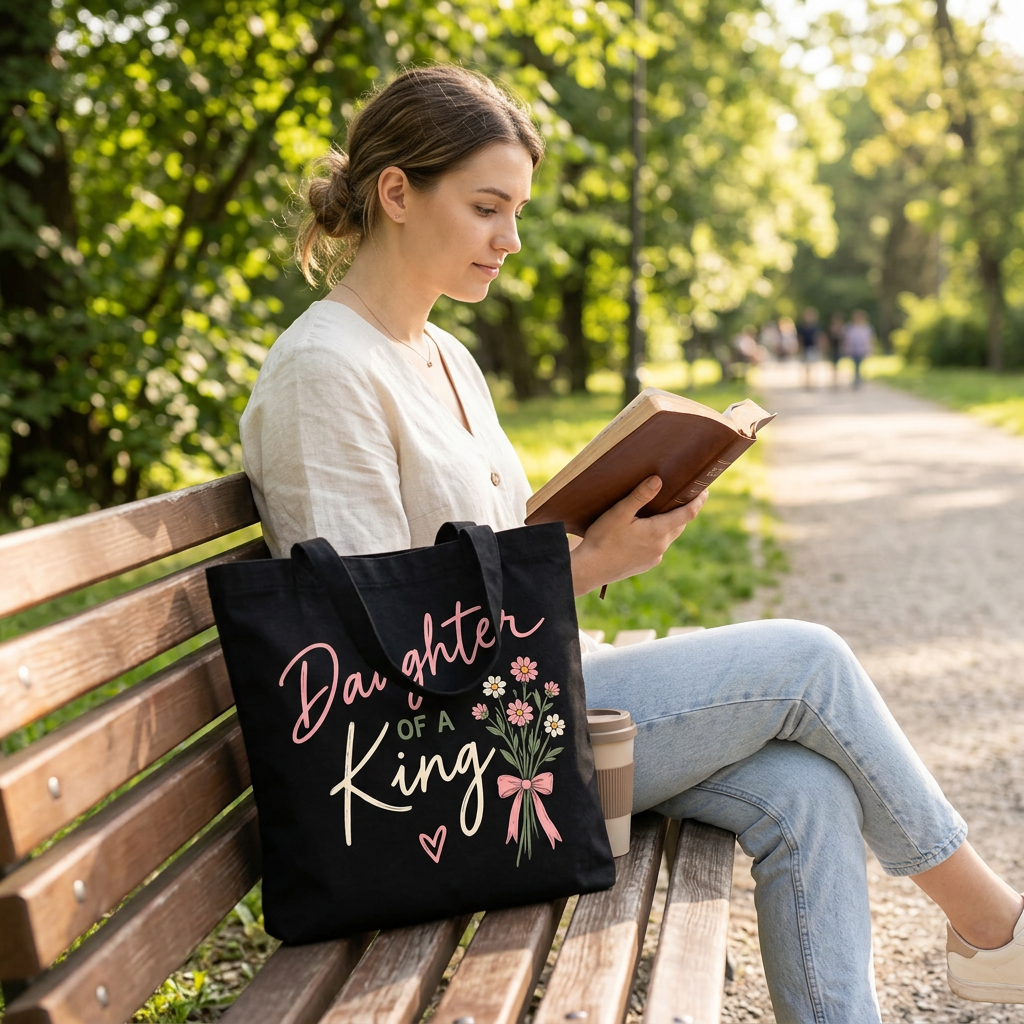 Younger lady reading a Bible with the Daughter of a King tote on a park bench
